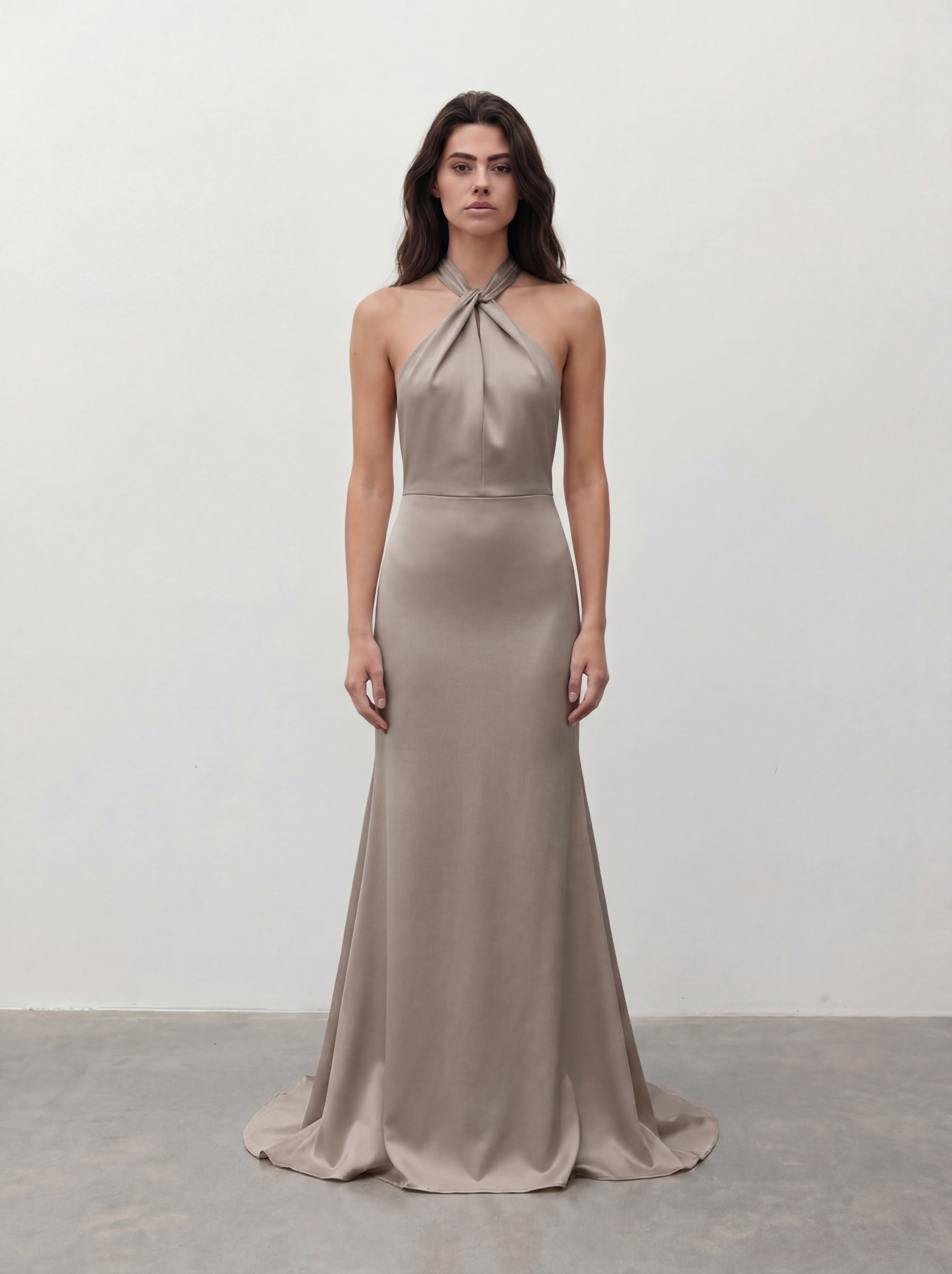 Brązowa dopasowana suknia maxi z dekoltem halter – przód