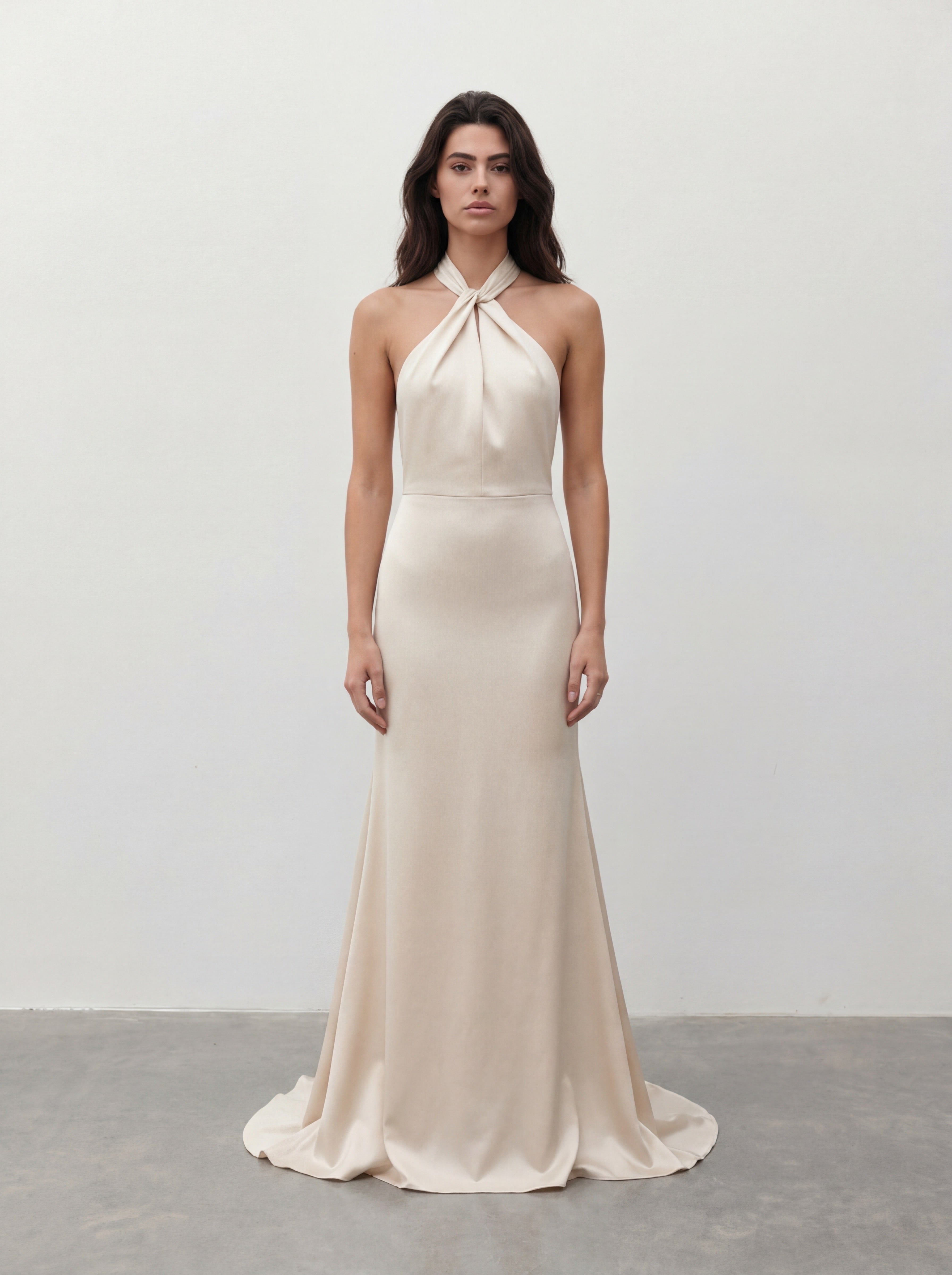 Ecru dopasowana suknia maxi z dekoltem halter – przód