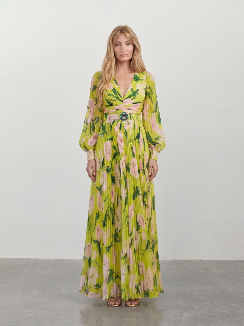 Plisowana sukienka maxi w kwiatowy print – Zielony i Wielokolorowy – przód