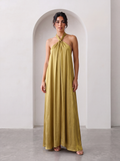 Koktajlowa Sukienka Maxi Wiązana na Szyję – Złoty