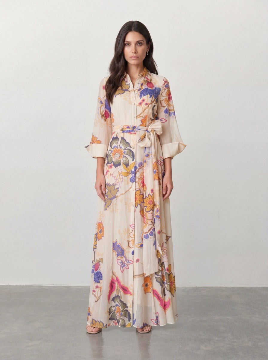 Koktajlowa Sukienka Maxi w Kwiatowy Print z Kołnierzykiem i Długim Rękawem – Wielokolorowy – przód