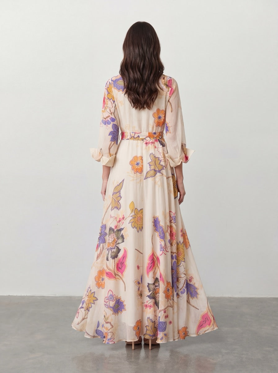 Koktajlowa Sukienka Maxi w Kwiatowy Print z Kołnierzykiem i Długim Rękawem – Wielokolorowy – tył
